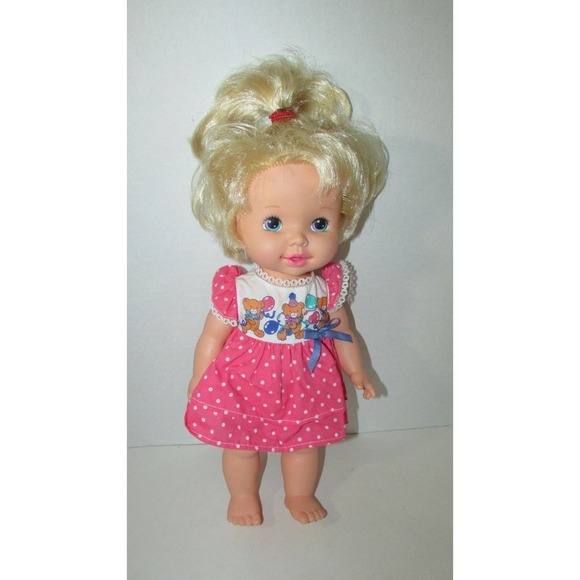 Vintage 1989 1990 Hasbro baby Eat N Grow Doll blonde hair teddy bear party dress